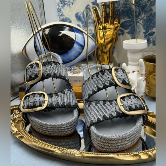 🆕 LOEFFLER RANDALL 🧿 NWOB Theo Embroidered Raffia Platform Sandal, Blue Sz 7.5 - Picture 5 of 14